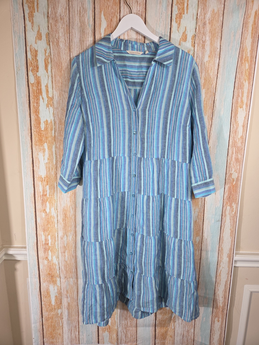 Soft Surroundings Striped Blue Linen Tiered Button-Front Women's Dress. Size L.